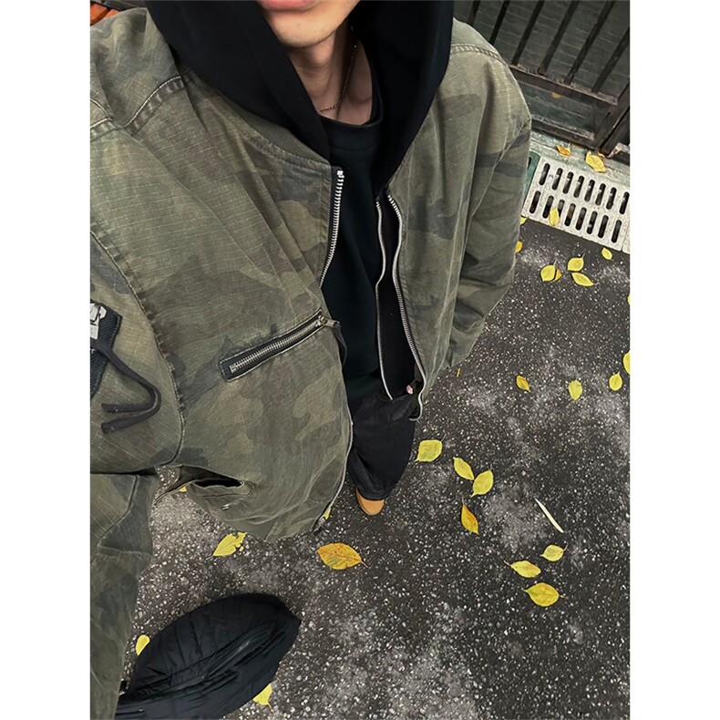 迷彩假两件连帽棉服男冬季美式高街飞行员棉衣外套潮牌短款棒球服,男装夹克,星座506A
