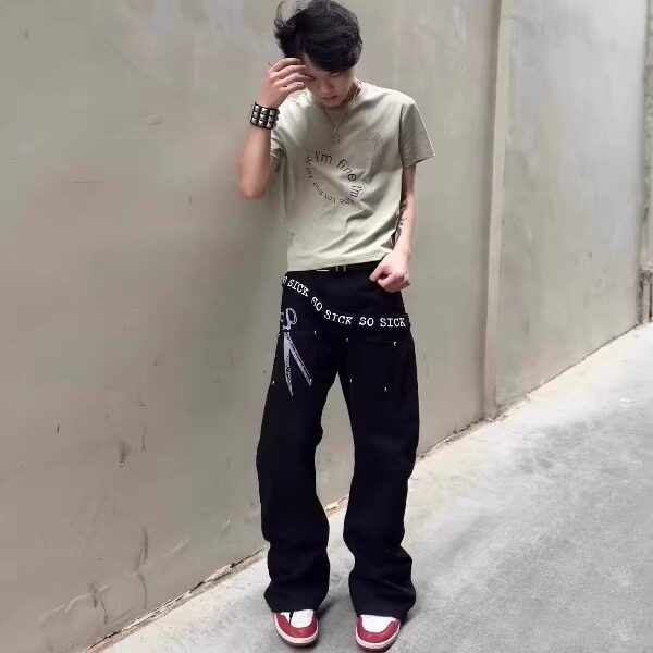 裁剪标语字母廓形拼接弯刀牛仔裤男女黑色宽松裤子N011,男装牛仔裤,星座1116A（原606A-3）