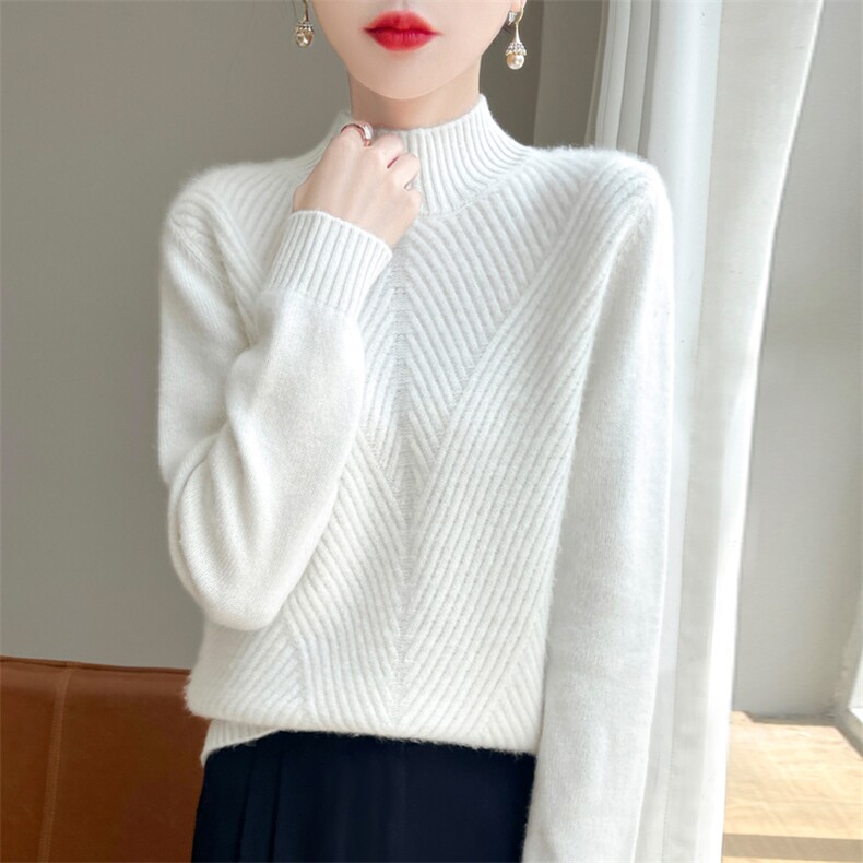 2025秋冬款半高领斜纹提花100%纯羊毛衫女加厚宽松羊绒衫针织毛衣,女装羊毛衫,九嘉羊绒