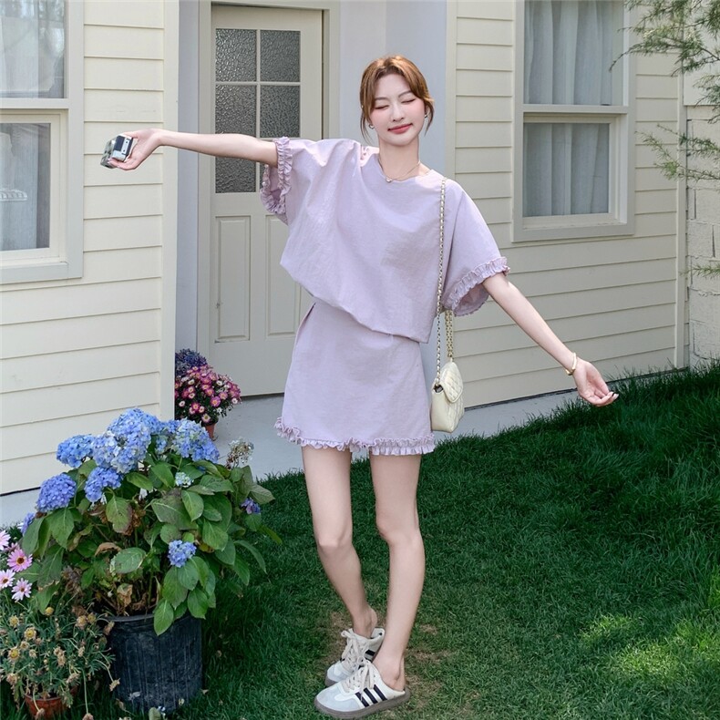 高级感紫色减龄套装女2025夏季新款韩系显瘦木耳边上衣短裙两件套,女装套装/套裙,2C050
