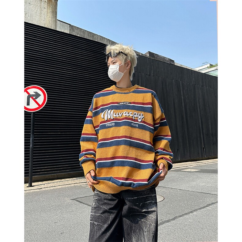 美式复古慵懒风条纹套头毛衣男女秋冬圆领情侣装针织衫MY0986-P60图片