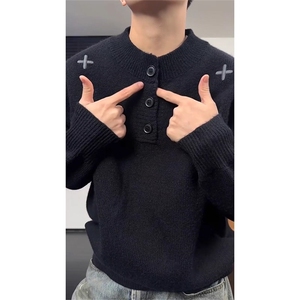美式亨利领毛衣男女款秋冬慵懒高级感针织衫刺绣加厚打底内搭图片