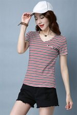 经典2025年夏季短袖常规修身拼接圆领粗横条纹T恤，女装T恤，板酷