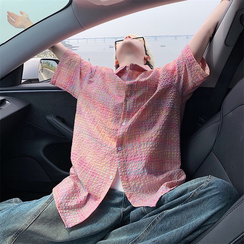 B221 美式ins高街宽松薄款泡泡格短袖衬衫SY2548-特P35控59图片