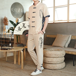 夏季套装风男刺绣棉麻复古宽松大码汉服图片