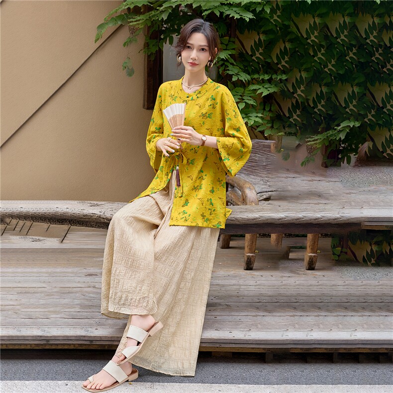 新中式印花宽松喇叭袖小衫配裙裤时尚气质两件套女,女装套装/套裙,水衣源