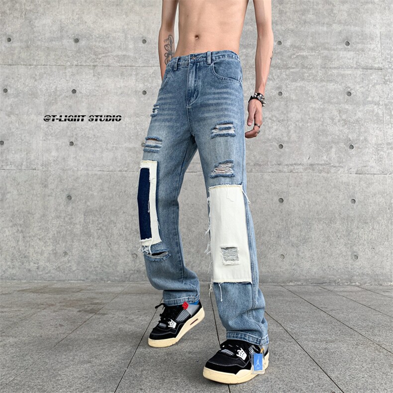 B221美式ins高街小众个性乞丐裤直筒破洞牛仔裤LK23099-P65控88,男装牛仔裤,电商B221