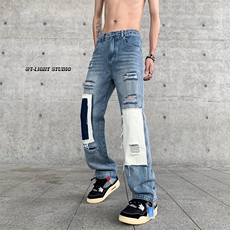 B221美式ins高街小众个性乞丐裤直筒破洞牛仔裤LK23099-P65控88，男装牛仔裤，电商B221