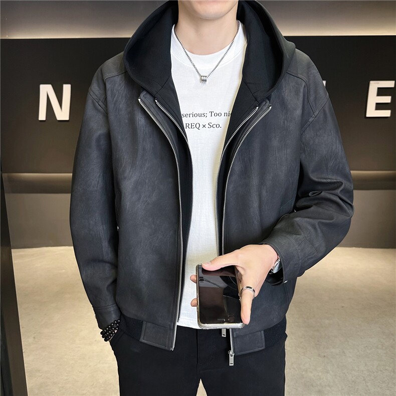假两件连帽男装皮衣外套春季夹克C317-1188-P185，男装夹克，电商C317