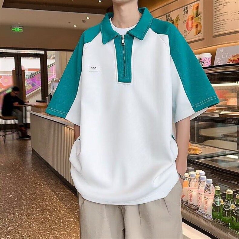 撞色拼接polo衫短袖美式复古情侣装夏季半袖潮牌翻领t恤男,男装T恤,星座410-7