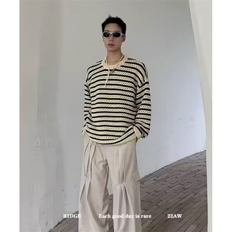 新款法式镂空条纹针织衫圆领长袖软糯舒适毛衣男女M594,男装针织衫/毛衣,星座1116A（原606A-3）