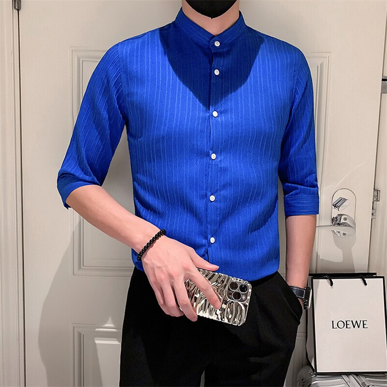 店主风社会小伙男士立领纯色中袖衬衫男痞帅衬衣301/CS398/P55,男装衬衫,星座301A-1