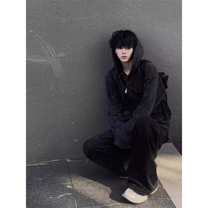 美式复古水洗双口袋连帽卫衣男小众设计感拉链外套潮,女装短外套,四季星座505