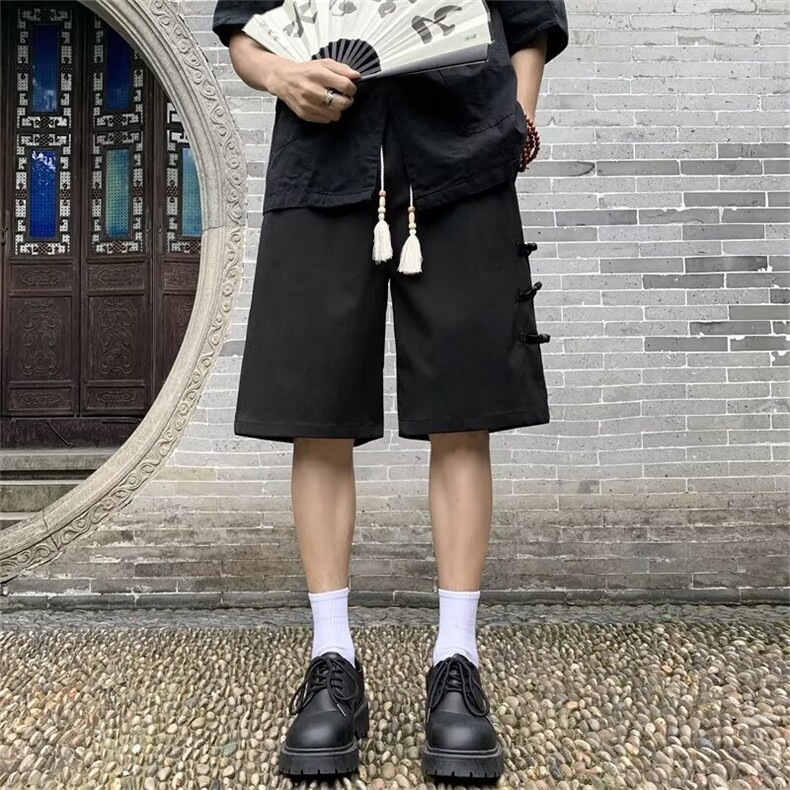 新中式盘扣休闲短裤男夏季薄款潮流外穿风大码宽松男装五分裤子图片