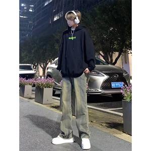 自家图，黄泥牛仔裤男秋冬设计感微喇cleanfit裤子-KZA45-P65,黑色鞋子绿色裤子搭配图片