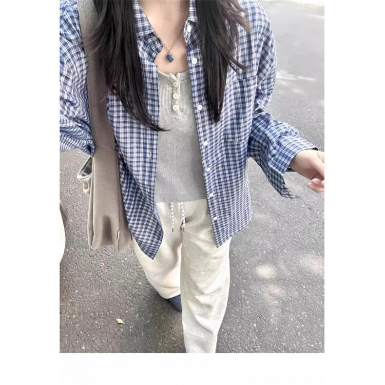 TC660-p45蓝色格子条纹长袖衬衫女2026春秋新款慵懒风衬衣,女装衬衫,星座617A-2