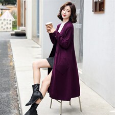 2021新款秋季中长款韩版针织衫开衫女春秋外搭宽松显瘦毛衣外套，女装针织衫/毛衣，意芙