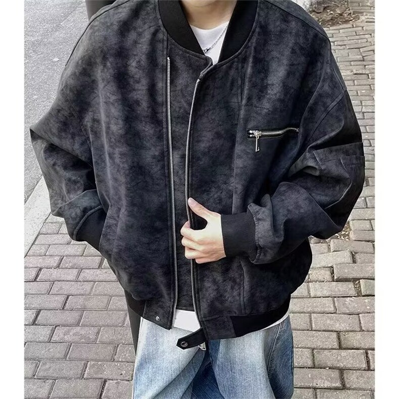 LW94-P73复古水洗做旧PU皮夹克男款秋冬cleanfit高级感垫肩立领,男装T恤,电商B323A