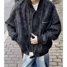 LW94-P73复古水洗做旧PU皮夹克男款秋冬cleanfit高级感垫肩立领，男装T恤，电商B323A