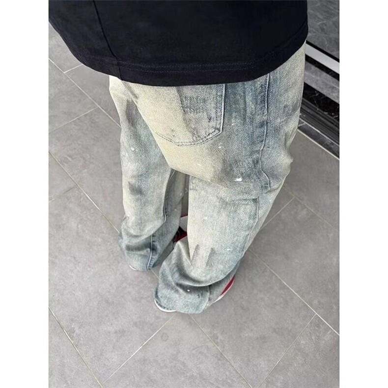 水洗脏染泼墨牛仔裤男潮牌美式高街直筒弯刀微喇裤YG743-P48,男装牛仔裤,星座1001-1