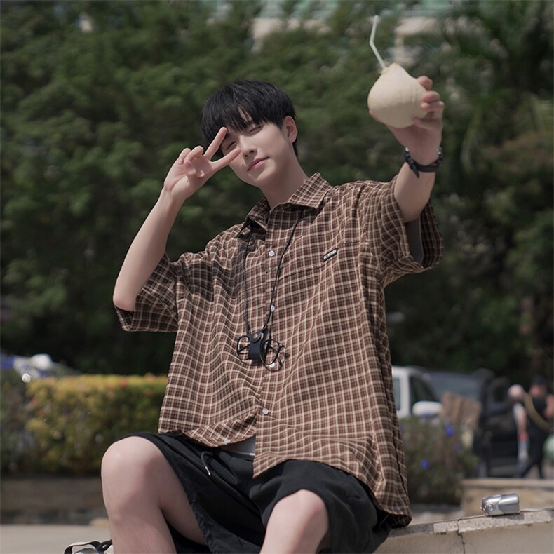 复古衬衫港风日系衬衫短袖外套翻领B225-C6060-P70-X88，男装T恤，电商B225