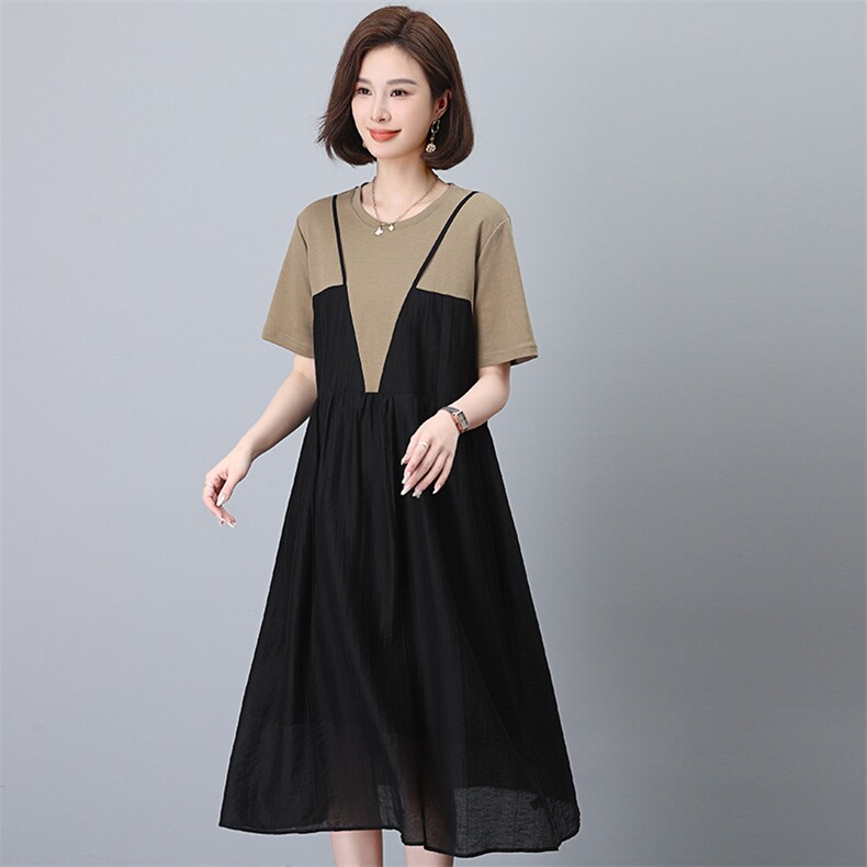 宽松雪纺连衣裙女夏季2025新款时尚洋气大码遮肚子休闲撞色长裙子,女装连衣裙,江忆布依