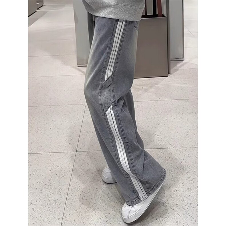 B0039条纹黄泥牛仔裤男女款直筒宽松紧腰阔腿裤美式复古拖地长裤,男装牛仔裤,星座308A-1（原309B-1）