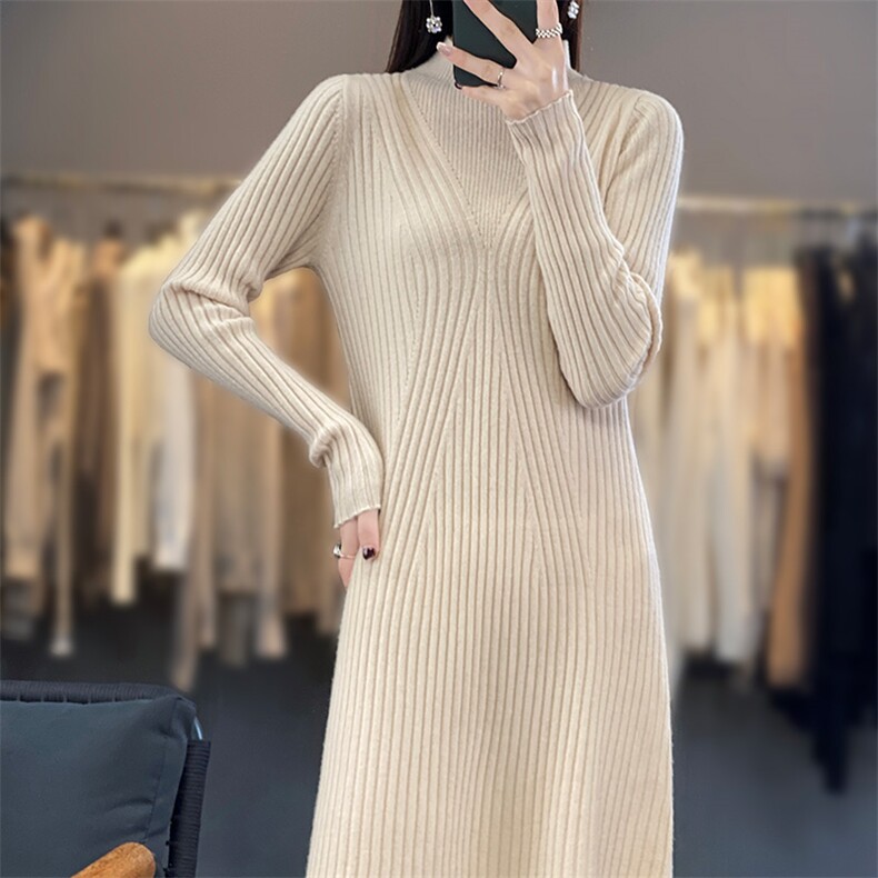 半高领修身抽条设计羊毛连衣裙显瘦百搭长袖针织裙气质女装秋冬季,女装连衣裙,狄美羊绒