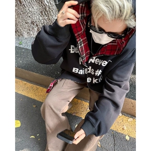 【有货】DY8054-P55假两件男女格子拼接连帽字母卫衣秋季潮外套图片