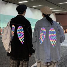 2021秋季新情侣港风夜景大码男反光炫彩翅膀印花牛仔外套NJ123P75，男装夹克，电商A001