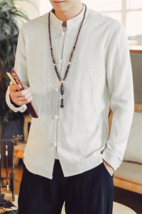 T92* 风古风棉麻男麻料长袖盘扣立领衬衫居仕服汉服 *P55图片