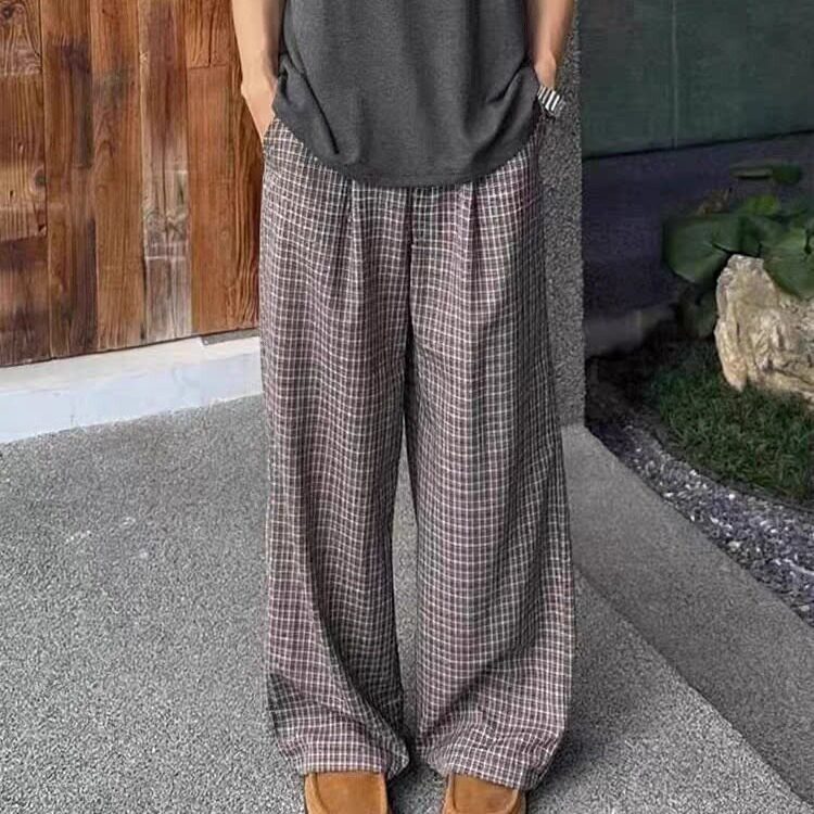 阔腿裤男女直筒长裤子秋冬新款松紧腰百搭休闲裤显瘦薄款格子裤,男装休闲裤,星座506A
