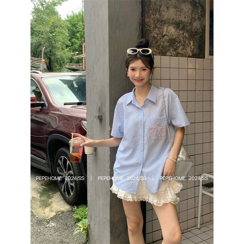 TC544-P45格子衬衫女可爱蝴蝶结刺绣短袖学院风polo领衬衣外套,女装衬衫,星座617A-2