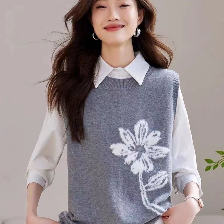 黑色叠穿针织马甲女宽松花朵刺绣设计感外搭春秋新款坎肩背心,女装马甲,胜酷羊绒