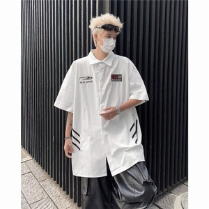 白色短袖衬衫男夏季薄款冰丝条纹半袖设计感小众美式潮牌痞帅衬衣图片