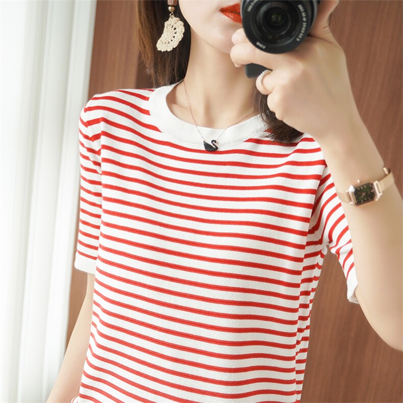 纯棉条纹针织短袖t恤女宽松打底衫2025春季新款镂空圆领半袖上衣，女装T恤，秋虹羊绒