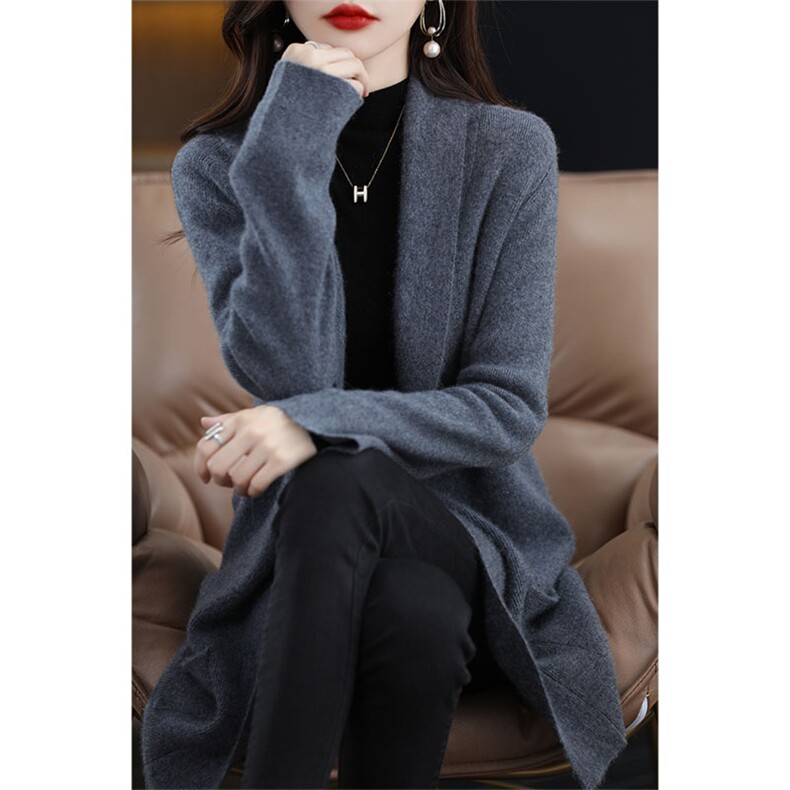 100%纯羊毛开衫女25秋冬新款宽松中长款翻领羊绒针织外套带兜上衣,女装羊毛衫,绒汀羊绒