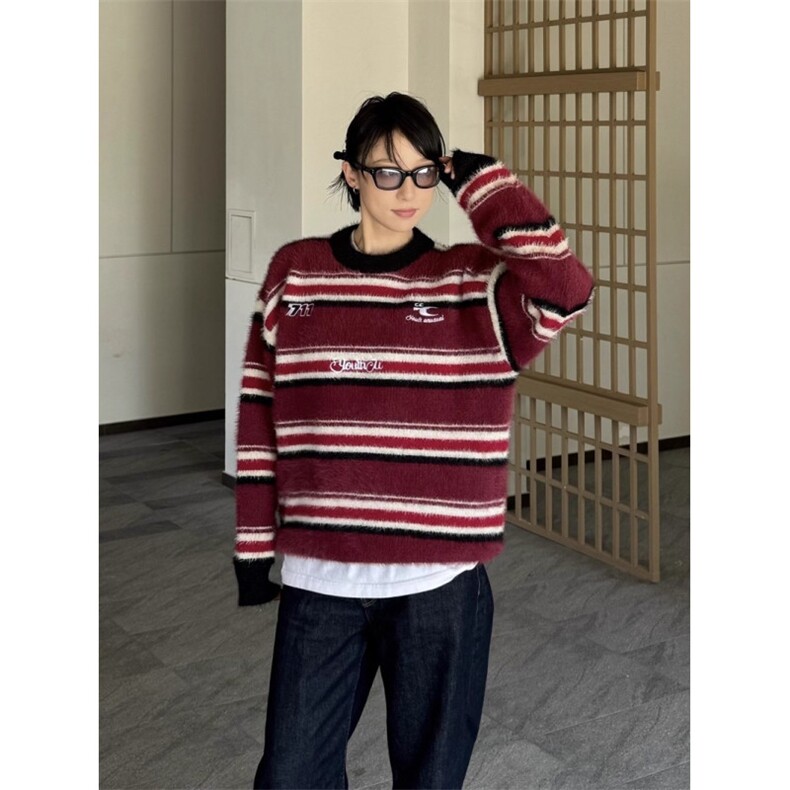 MY9565-P59秋冬新款刺绣条纹水貂毛圆领毛衣男女松弛感慵懒风,男装针织衫/毛衣,电商B323A