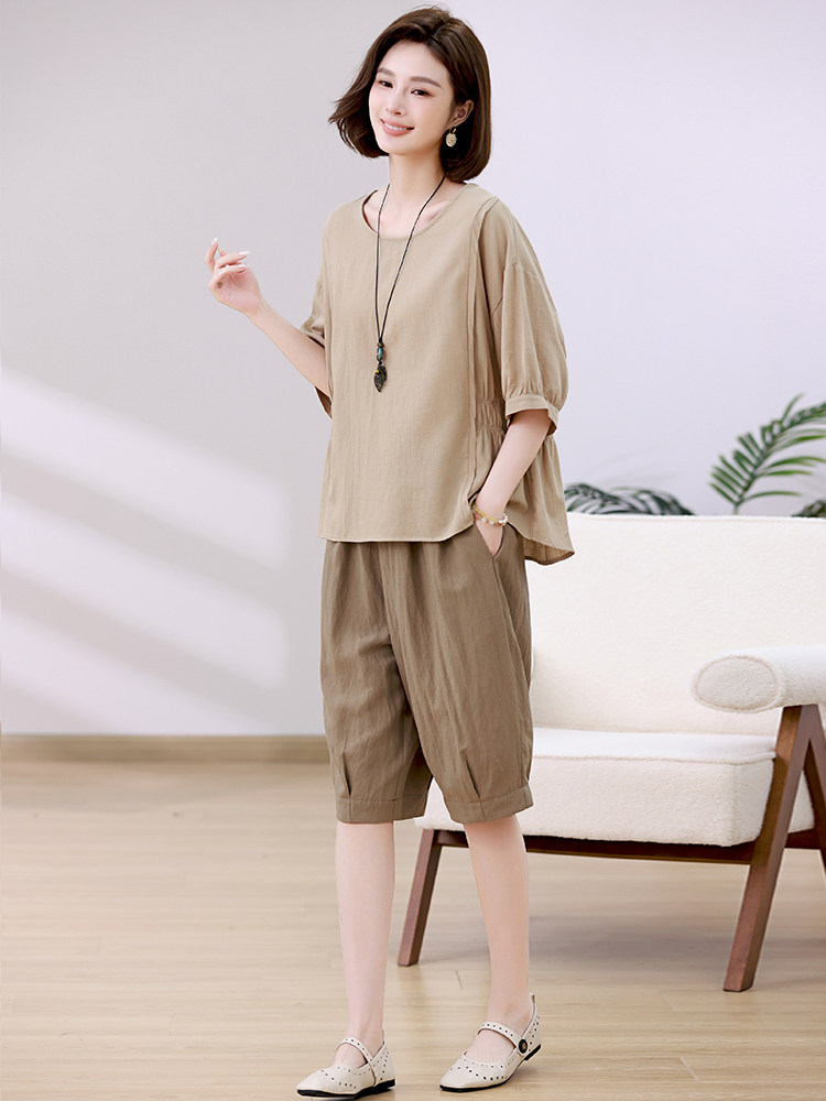 棉麻套装女2025夏装新款时尚宽松休闲大码显瘦中年妈妈减龄两件套,女装套装/套裙,忆绮罗