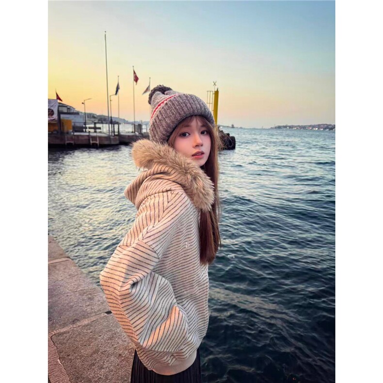 网图现货 美式宽松条纹卫衣可拆卸毛领W721特P80图片