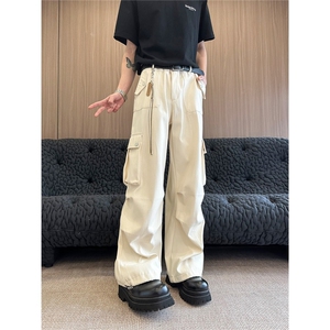 杏白色美式速干工装裤女2025夏季薄款直筒户外登山防晒阔腿运动裤图片