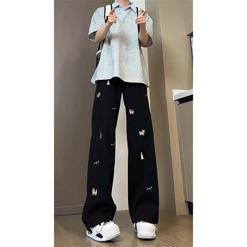小狗刺绣牛仔裤男美式复古vibe裤子宽松显瘦微喇长裤LD7900-P45,男装牛仔裤,星座1008
