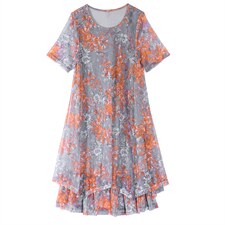 雪纺连衣裙女夏季新款宽松加大码胖MM遮肚子显瘦中年妈妈碎花裙子，女装连衣裙，缘衣格