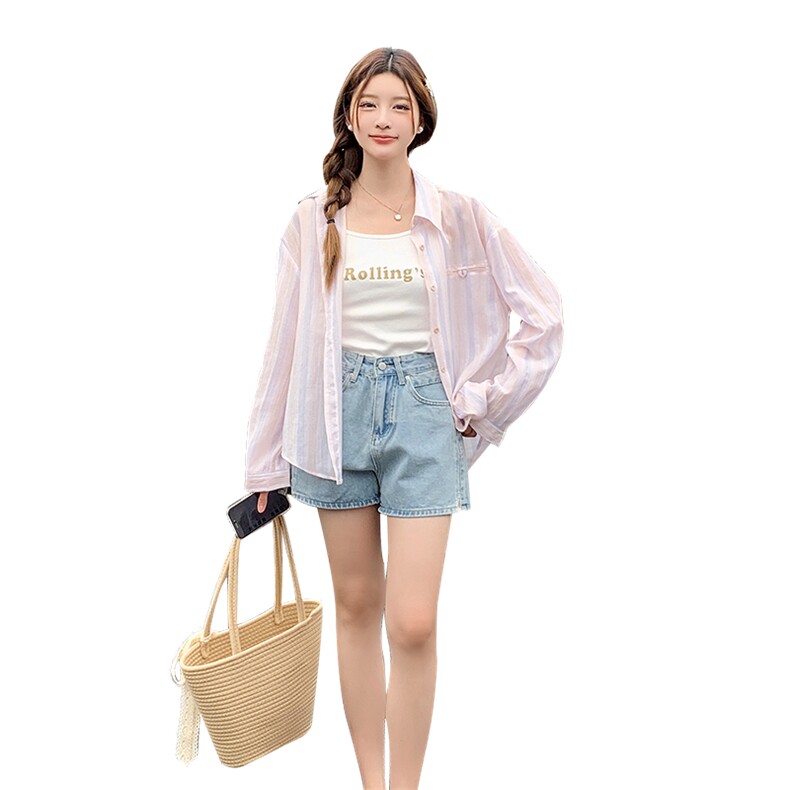 夏季防晒宽松衬衫+字母吊带背心套装,女装套装/套裙,鑫慧