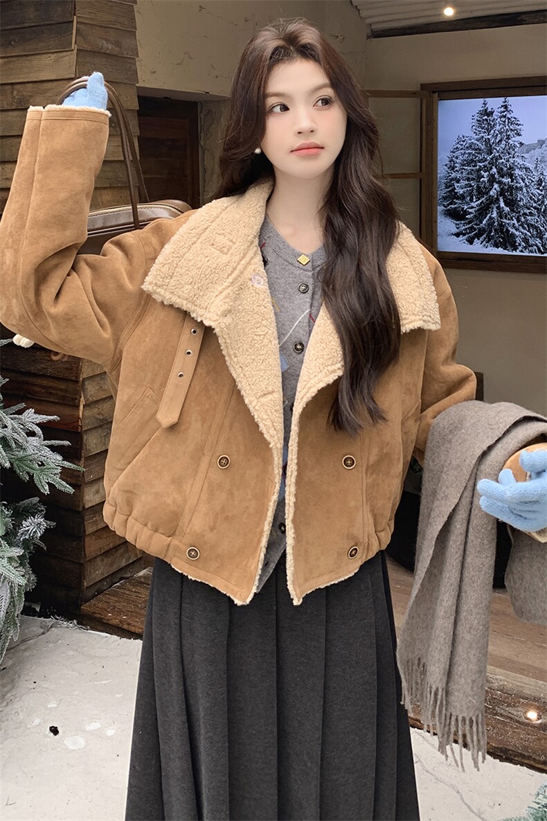 （现货）24年冬装双排扣短款皮毛一体小个子外套P175K265,女装皮草,慧峰