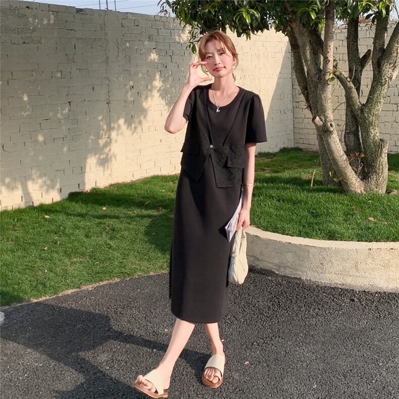 韩版简约休闲宽松短袖连衣裙女2025夏显瘦百搭气质拼接直筒中长裙,女装连衣裙,浙宝208