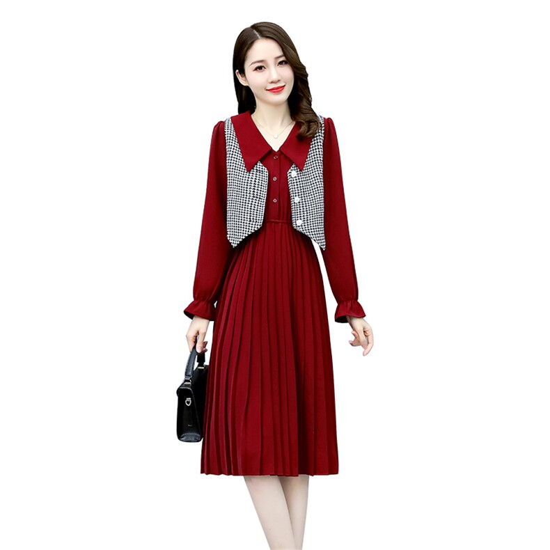 现货52023春季新款气质时尚百褶马夹两件套连衣裙,女装连衣裙,蓝诺裳