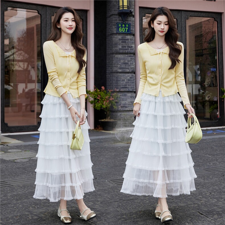 现货2026年春季气质优雅时尚潮流通用女针织衫上衣蕾丝连衣裙套装，女装套装/套裙，艾贝斯