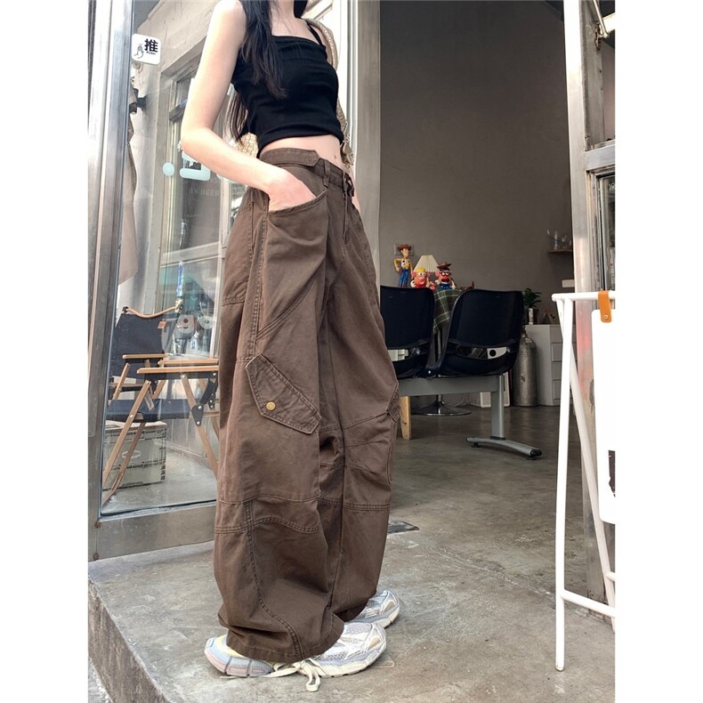 美式复古做旧多口袋工装裤男女直筒宽松阔腿长裤子潮LA82133-P68图片