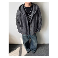 秋冬日系复古纯色针织开衫外套男女潮牌宽松百搭提花情侣毛衣，男装针织衫/毛衣，星座506A
